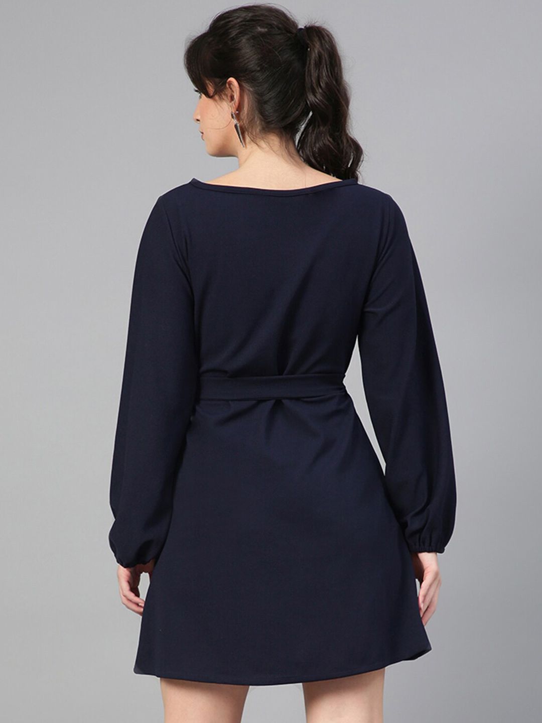 Kotty Navy Blue Puff Sleeves A-Line Dress With Belt