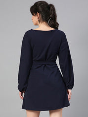 Kotty Navy Blue Puff Sleeves A-Line Dress With Belt
