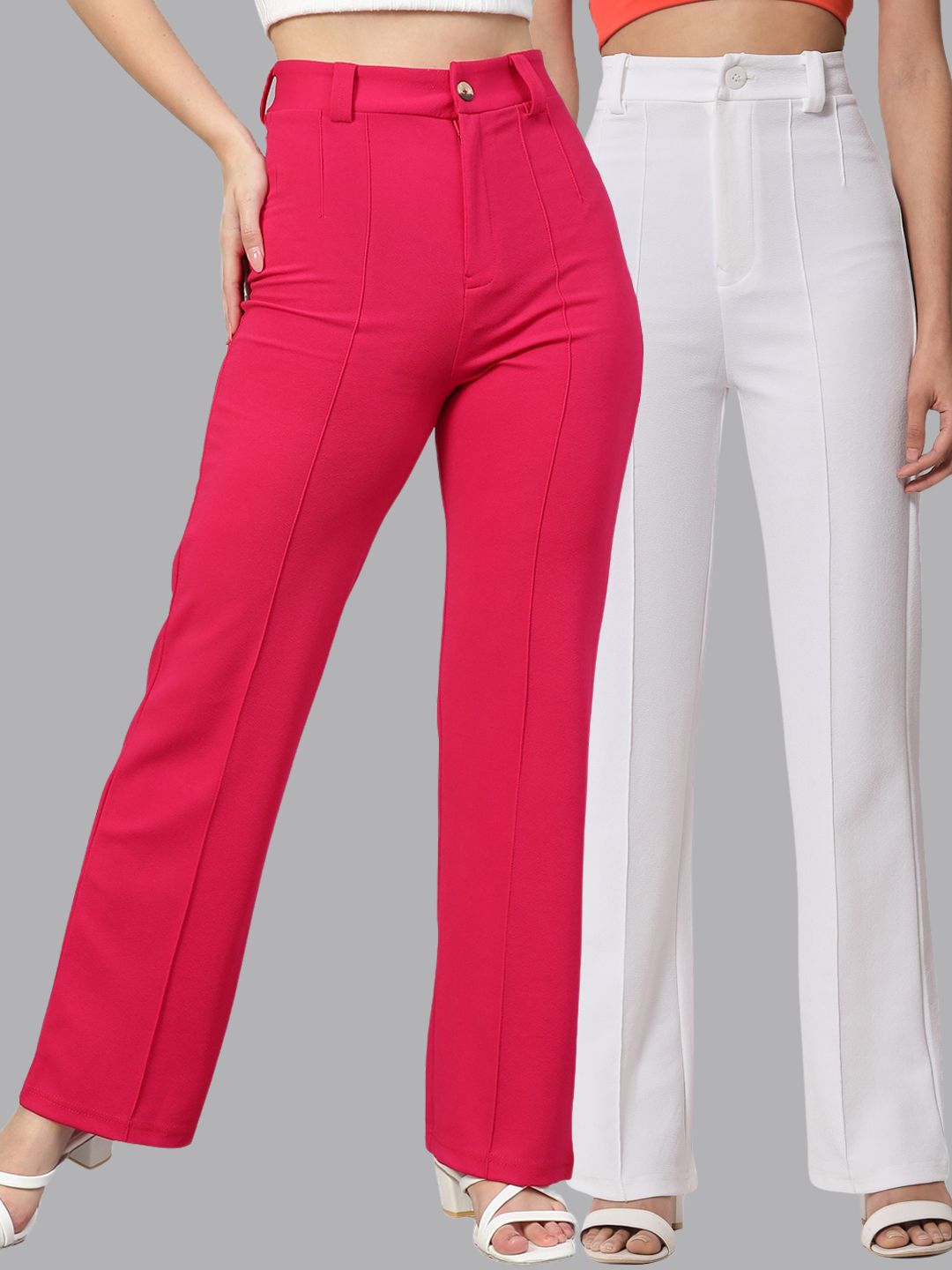 Kotty Women Pack Of 2 Relaxed Straight Leg Fit High-Rise Easy Wash Trousers