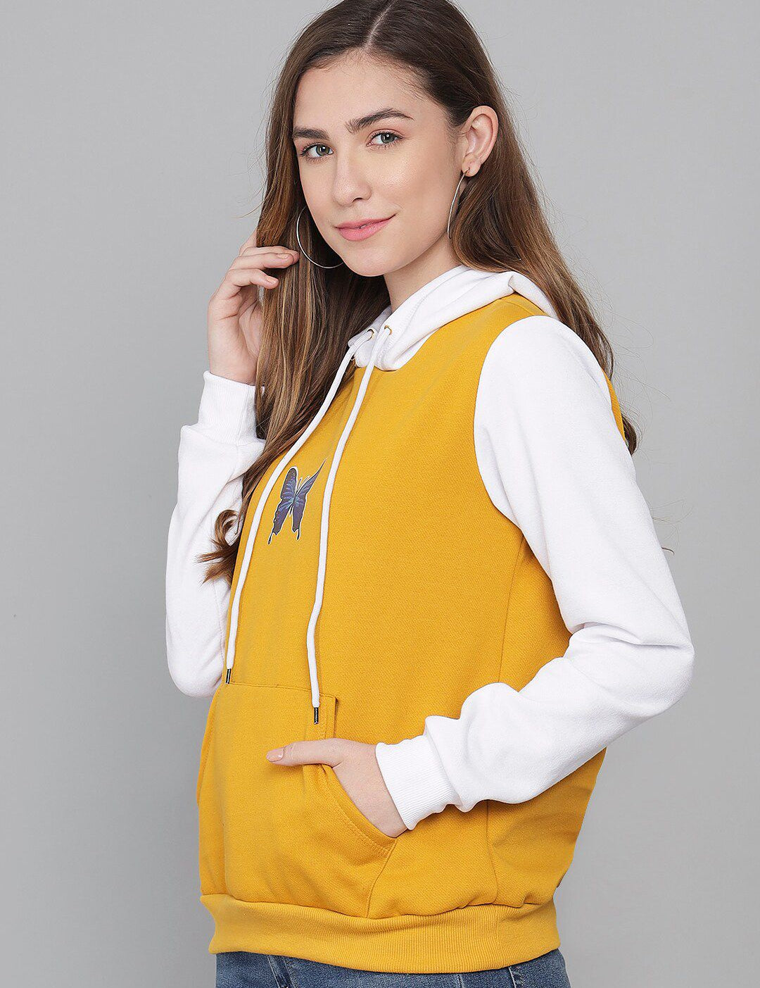 Kotty Women Yellow & White Fleece Colourblocked Hooded Sweatshirt