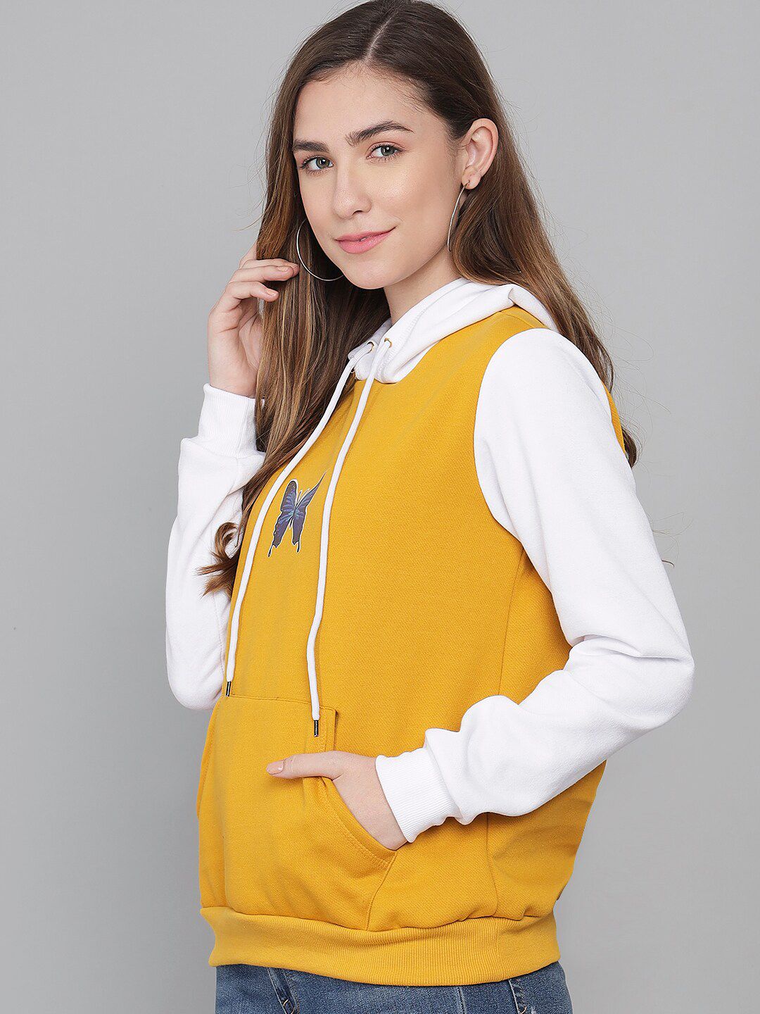 Kotty Women Yellow & White Fleece Colourblocked Hooded Sweatshirt