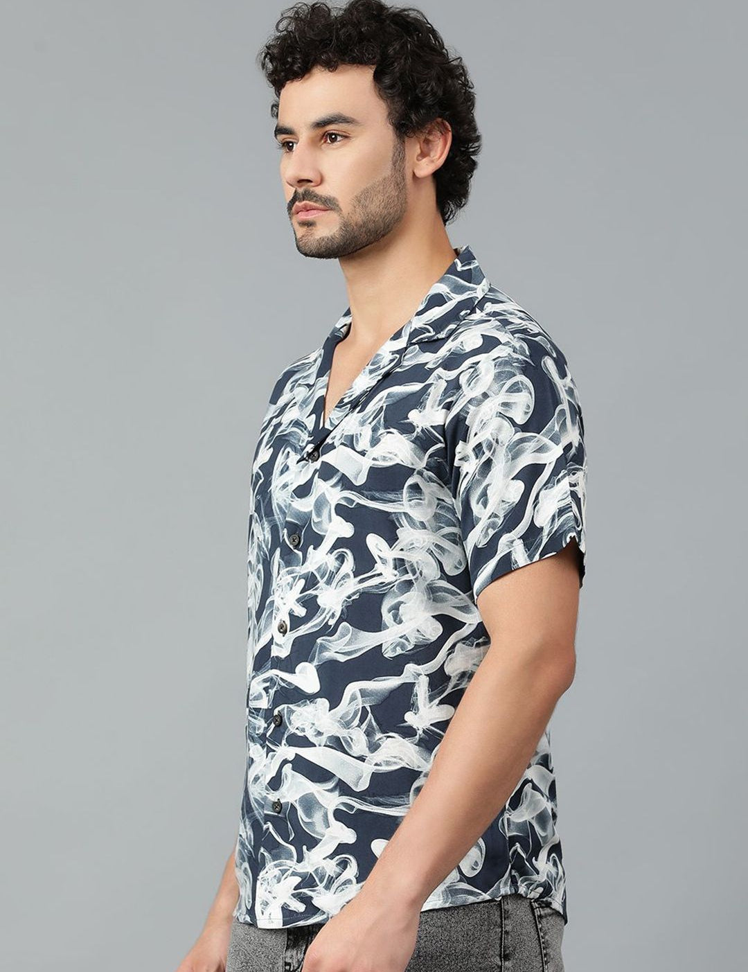 Kotty Men Cuban Collar Abstract Printed Casual Shirt