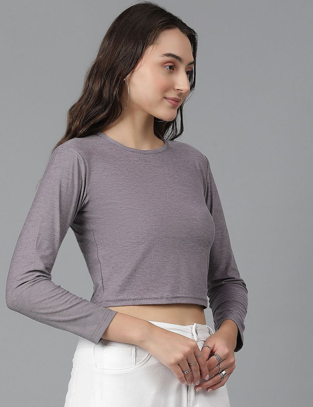 KOTTY Basics Brown Long Sleeves Crop Slim Fit Cotton Casual T-shirt