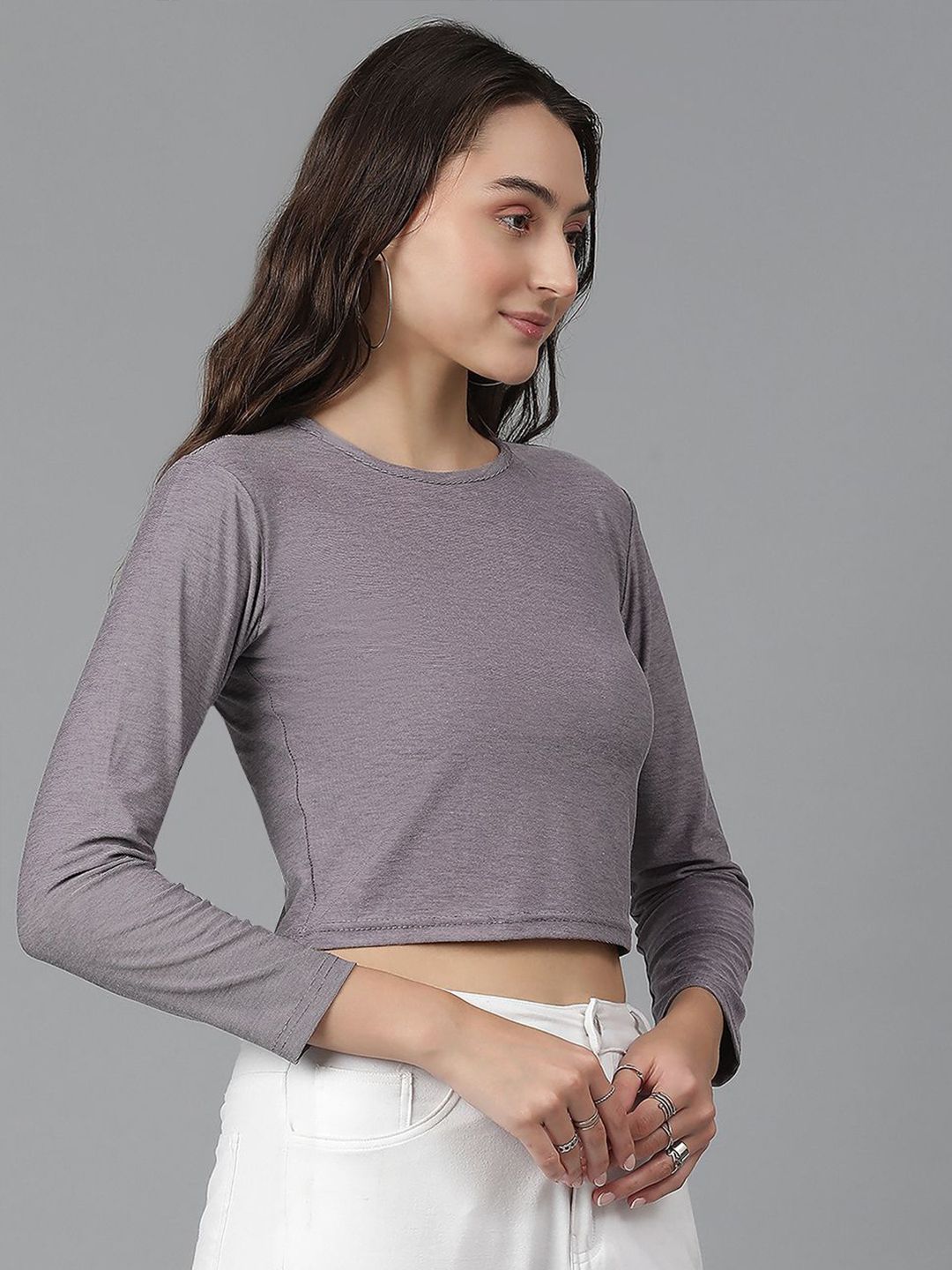 KOTTY Basics Brown Long Sleeves Crop Slim Fit Cotton Casual T-shirt