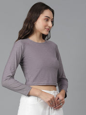 KOTTY Basics Brown Long Sleeves Crop Slim Fit Cotton Casual T-shirt