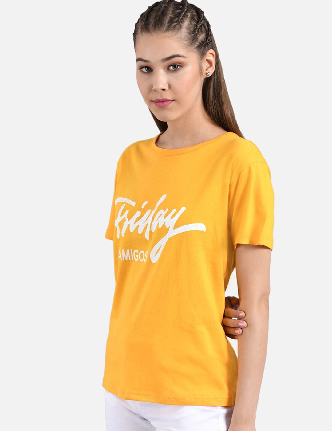 Kotty Women Mustard Yellow & White Printed Round Neck T-shirt