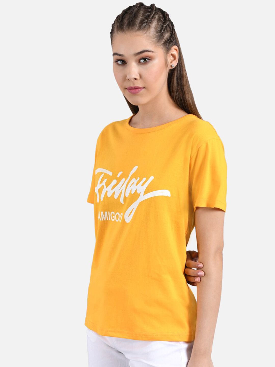 Kotty Women Mustard Yellow & White Printed Round Neck T-shirt