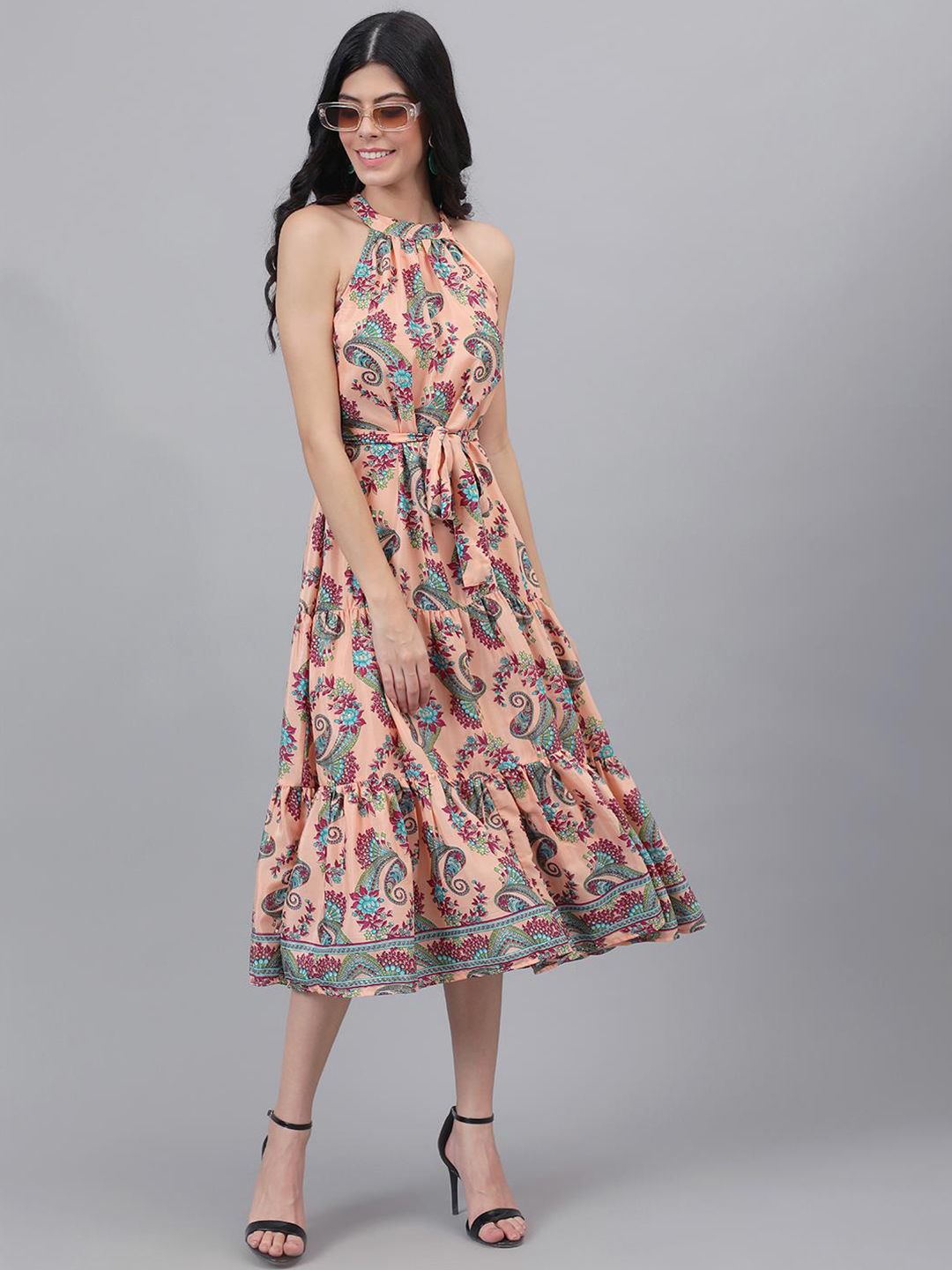 Kotty Orange and Maroon Paisley Printed Choker Neck Tiered Fit & Flare Midi Dress