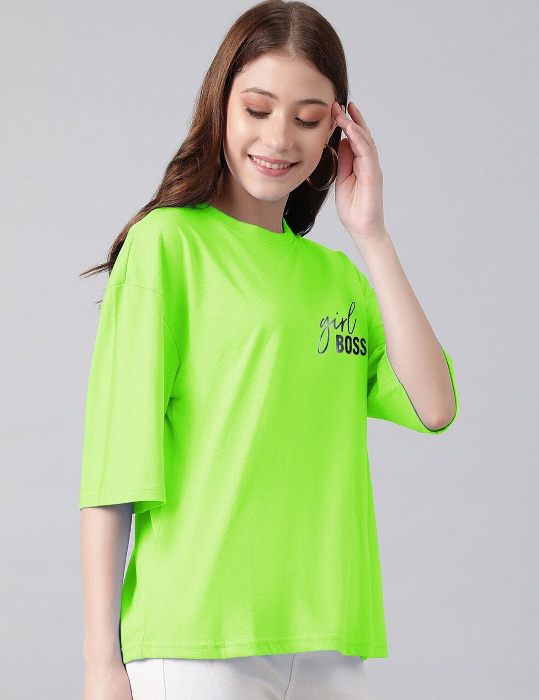 Kotty Round Neck Typography Printed Drop-Shoulder Sleeves Oversized T-shirt