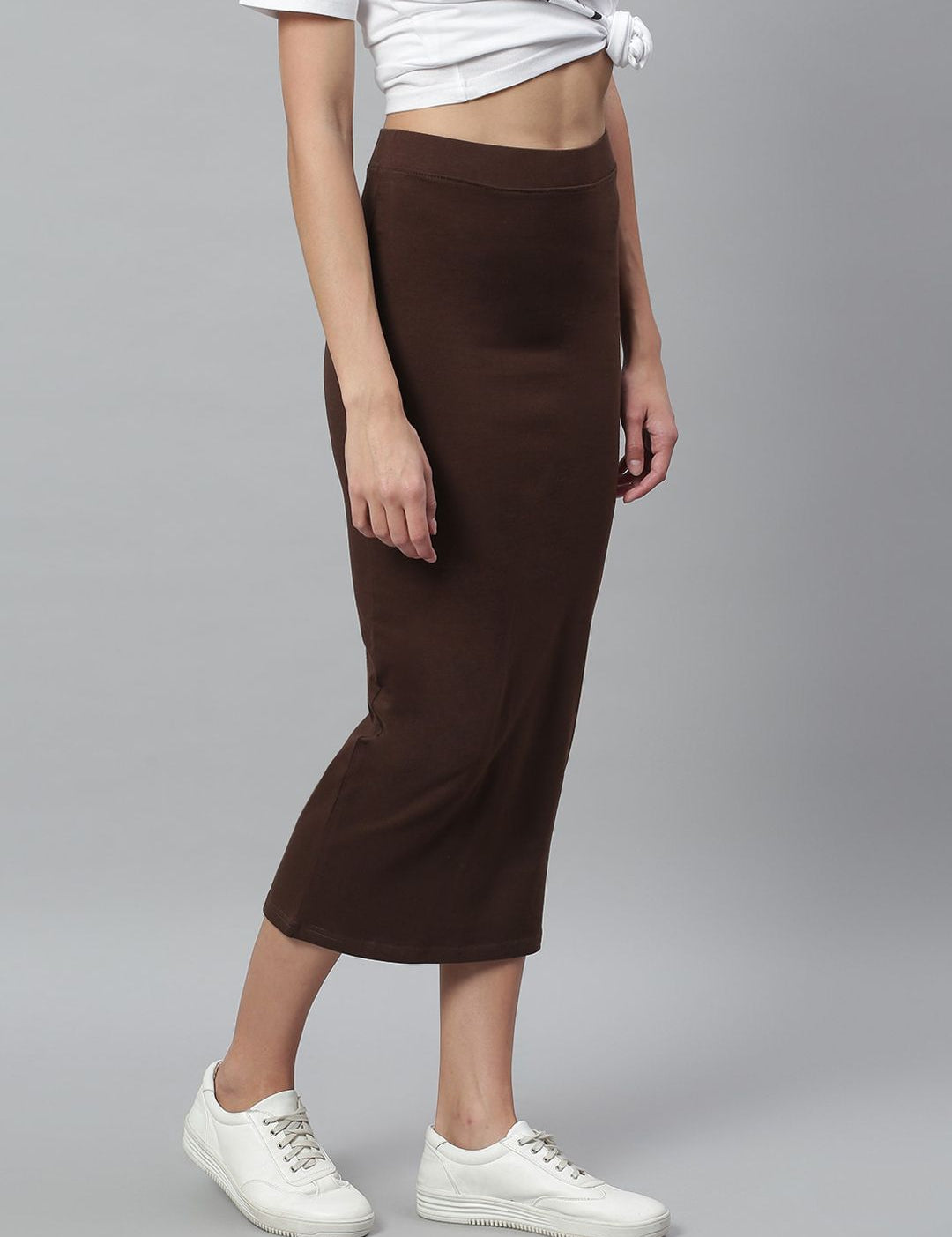 Kotty Women Brown Solid Pencil Midi Skirt
