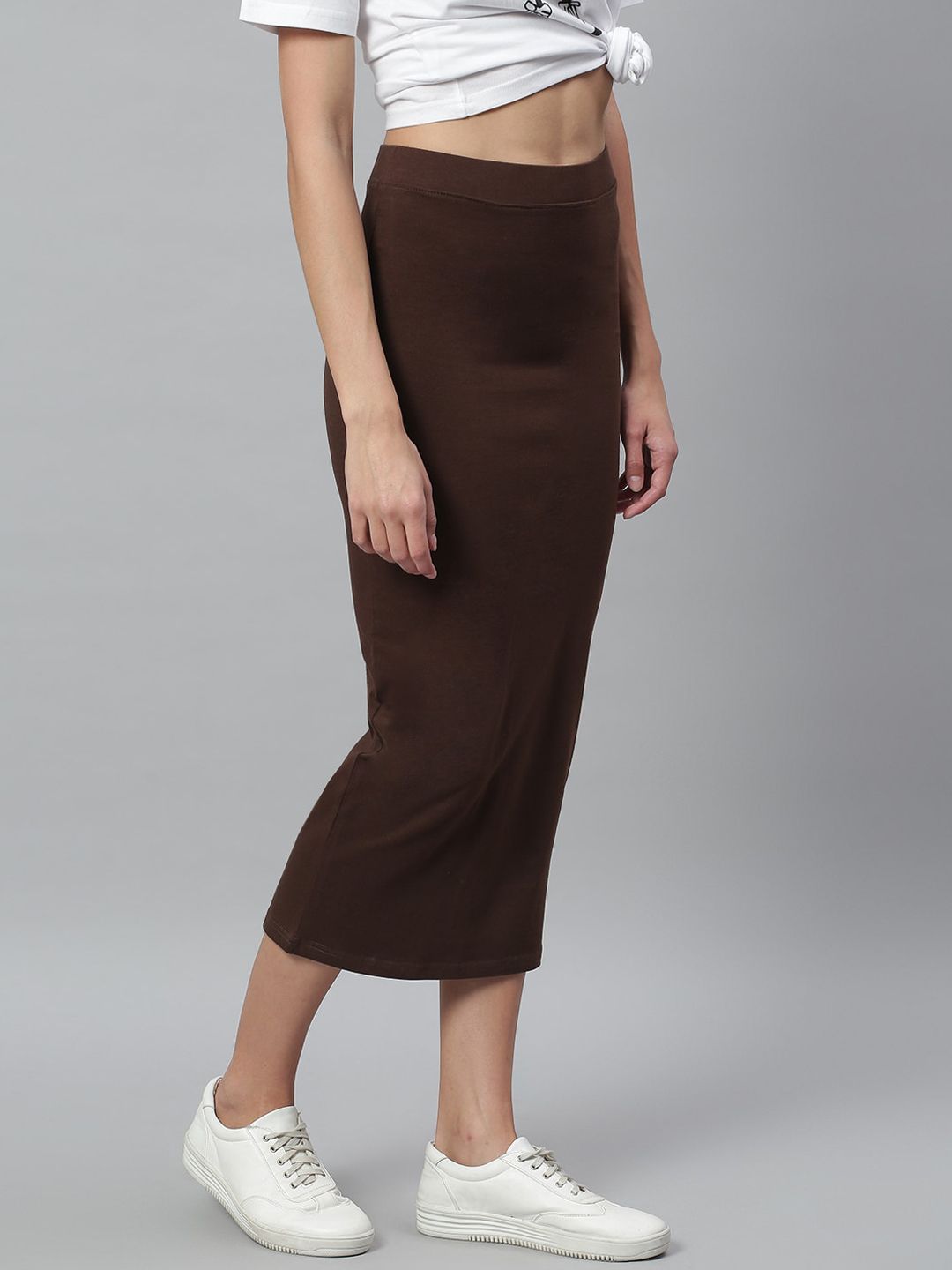 Kotty Women Brown Solid Pencil Midi Skirt
