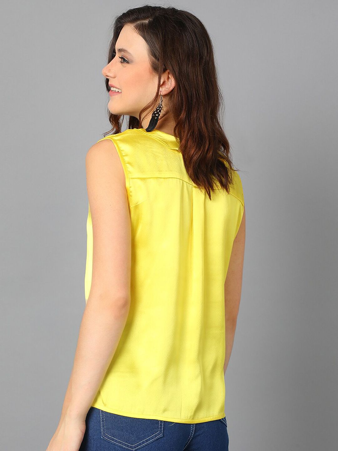 KOTTY BIZwear Yellow Sleeveless Satin Shirt Style Top