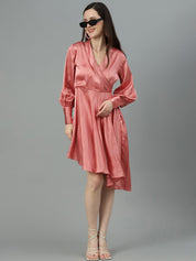 Kotty Pink V Neck Cuffed Sleeves Satin Pleated Fit & Flare Dress
