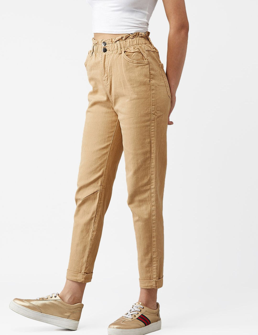 Kotty Women Beige Boyfriend Fit High-Rise Clean Look Jeans