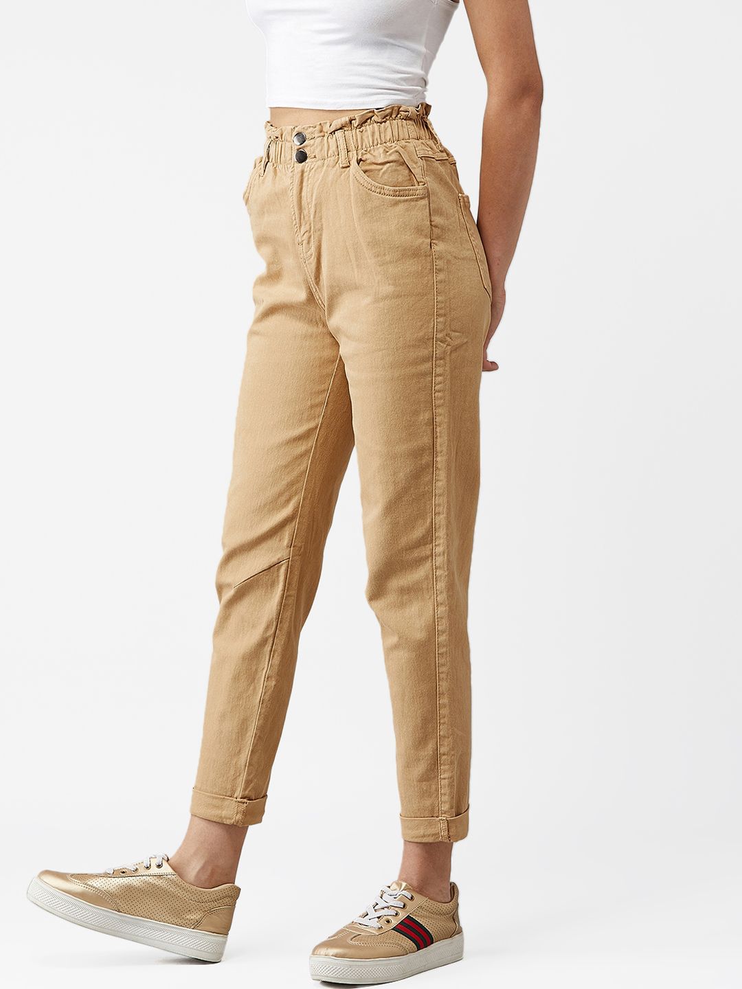 Kotty Women Beige Boyfriend Fit High-Rise Clean Look Jeans