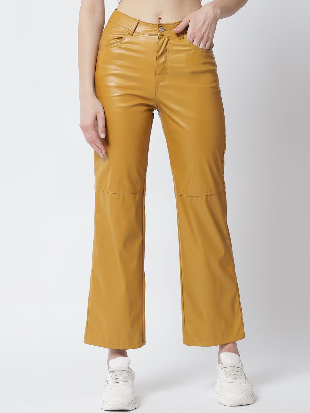 Kotty Women Yellow Solid Relaxed Straight Fit Leather Trousers