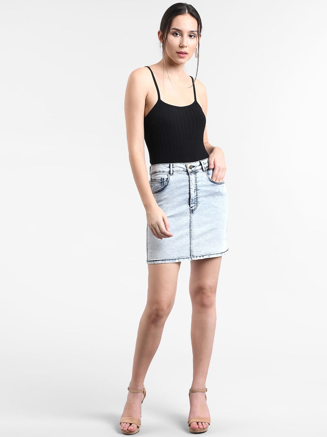 Kotty Women Blue Solid Denim Straight Mini Skirt