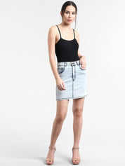 Kotty Women Blue Solid Denim Straight Mini Skirt