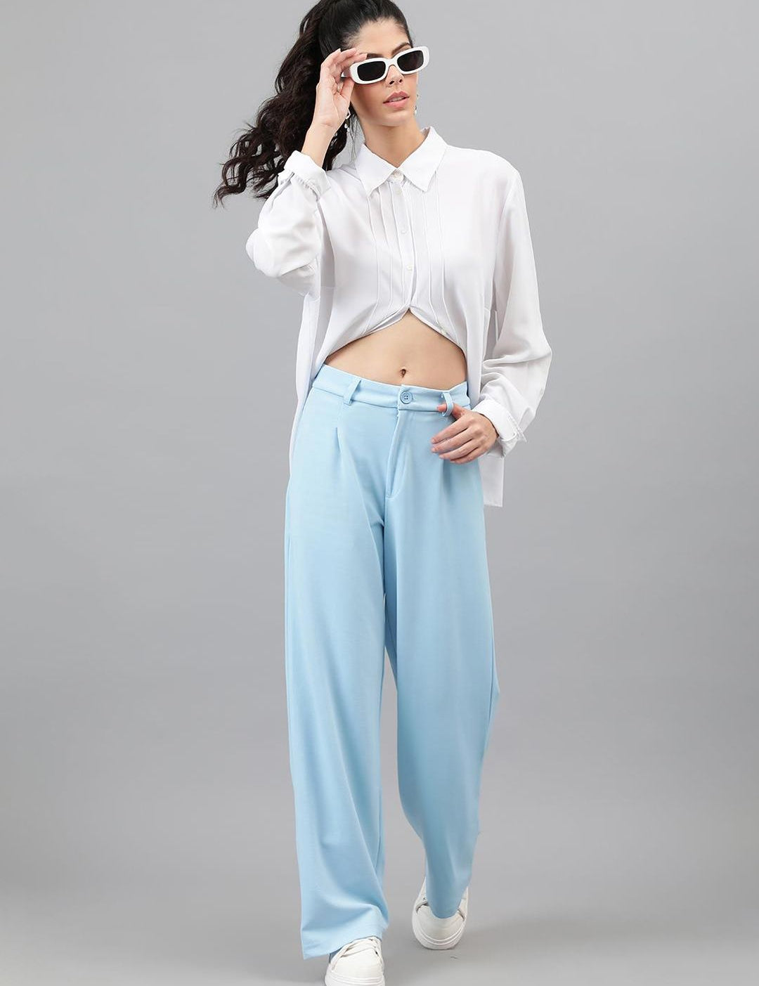 KOTTY BIZwear Women Blue Relaxed Straight Leg High-Rise Easy Wash Pleated Parallel Trousers