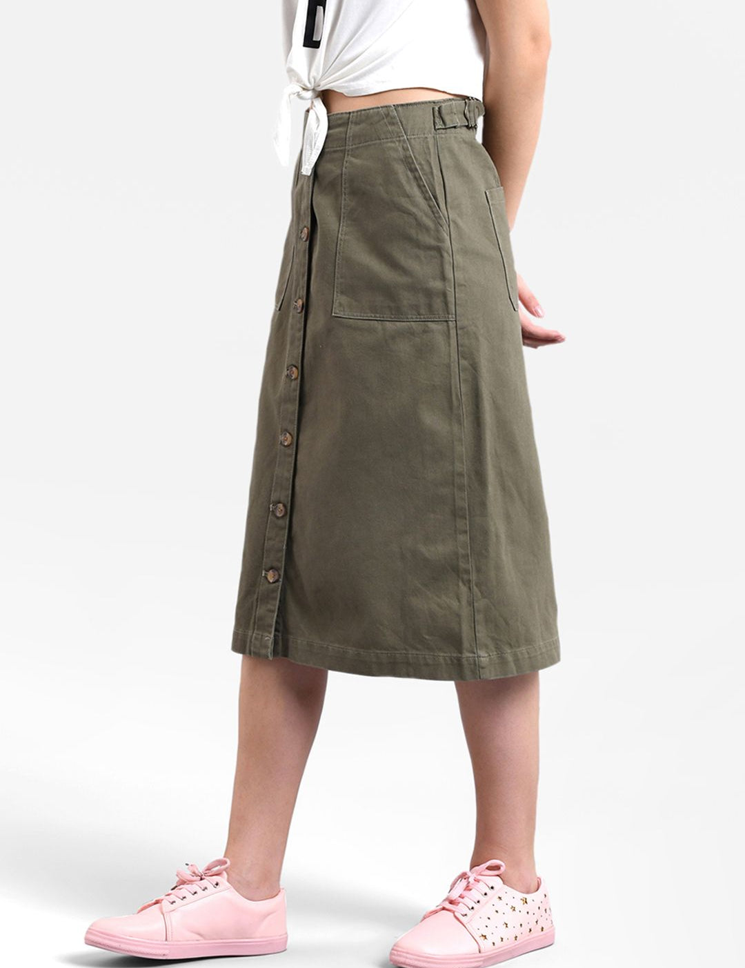 Kotty Women Olive Green Solid Denim Midi A-Line Skirt