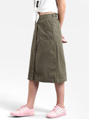 Kotty Women Olive Green Solid Denim Midi A-Line Skirt