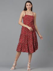 Kotty Floral Printed Shoulder Straps Sleeveless Layered Fit & Flare Dress