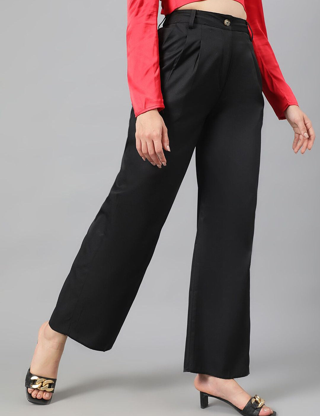 Kotty Women Black Relaxed Straight Leg Fit High-Rise Easy Wash Parallel Trousers