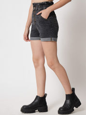 Kotty Women Black Skinny Fit High-Rise Outdoor Denim Shorts
