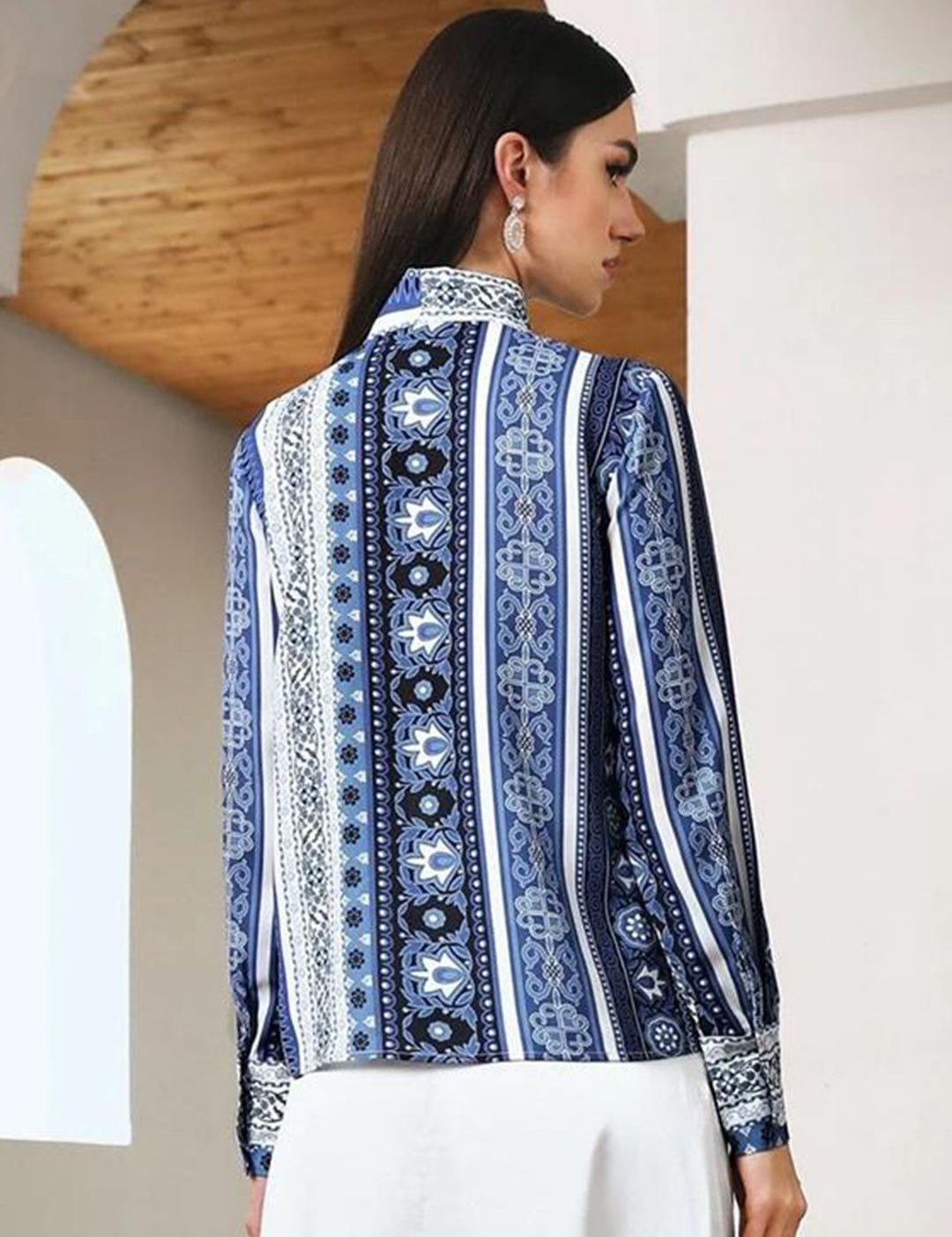 Kotty Ethnic Motifs Printed Tie-Up Neck Satin Shirt Style Top