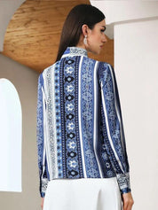 Kotty Ethnic Motifs Printed Tie-Up Neck Satin Shirt Style Top
