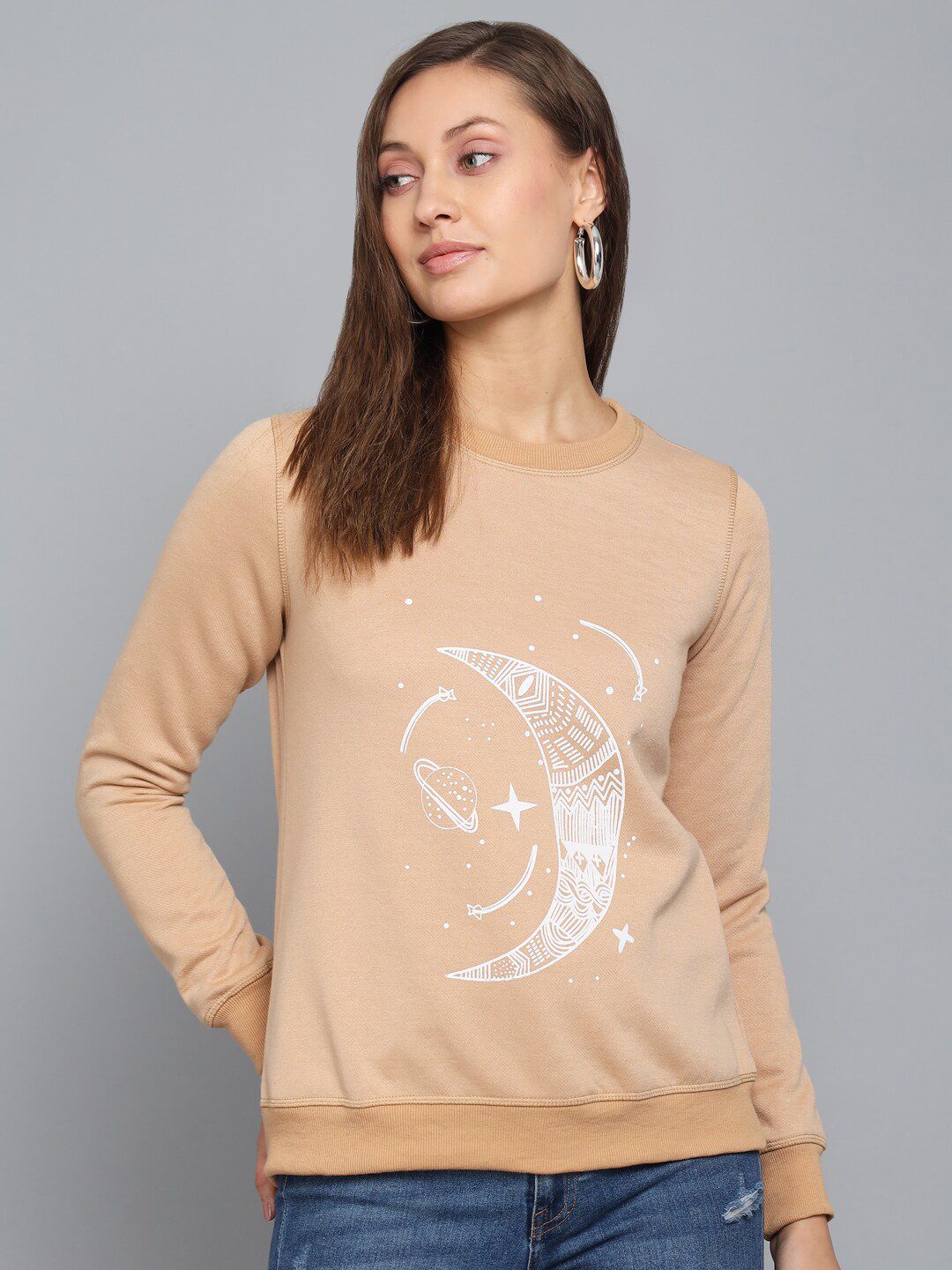Kotty Women Beige Printed Round Neck Sweatshirt