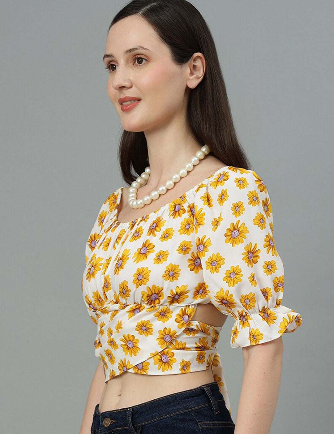 Kotty Cream Floral Printed Puff Sleeve Crop Top