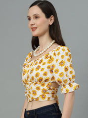 Kotty Cream Floral Printed Puff Sleeve Crop Top