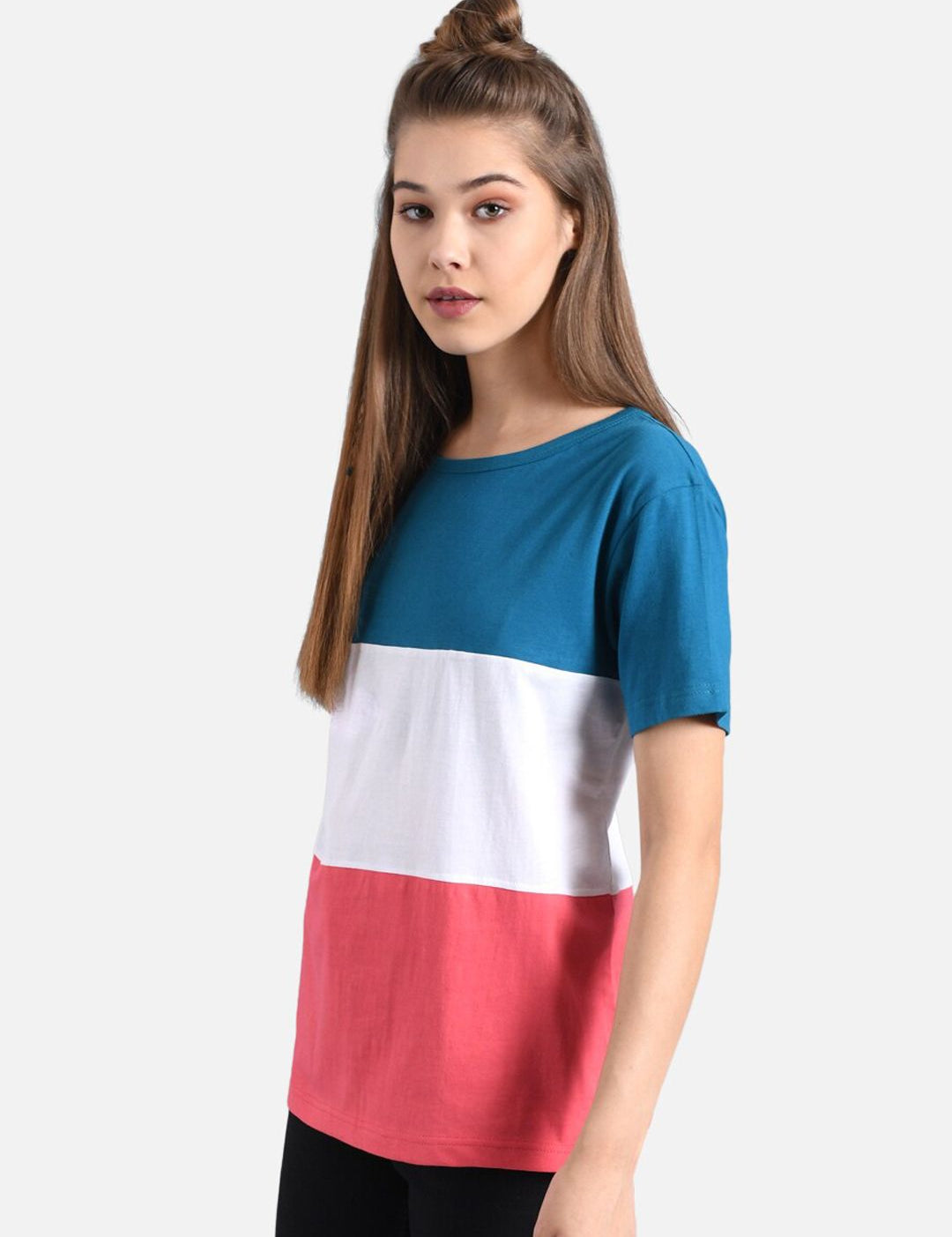 Kotty Women Blue & White Colourblocked V-Neck T-shirt