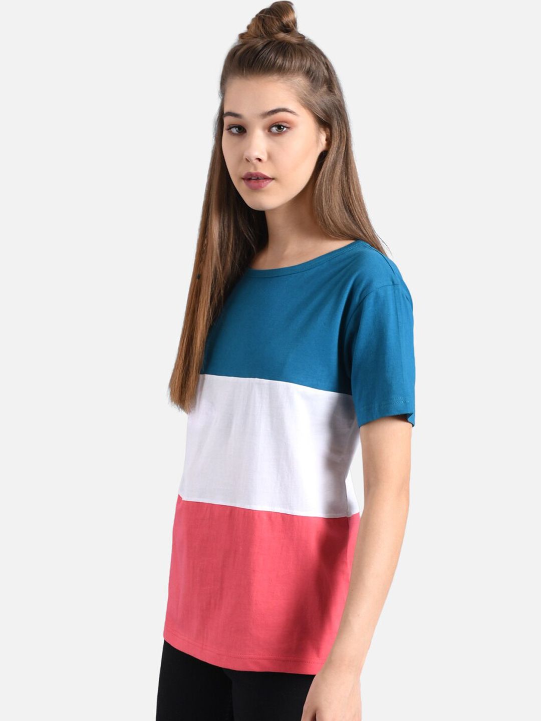 Kotty Women Blue & White Colourblocked V-Neck T-shirt