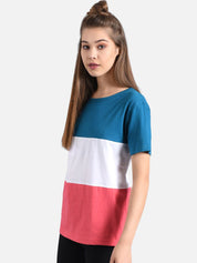 Kotty Women Blue & White Colourblocked V-Neck T-shirt