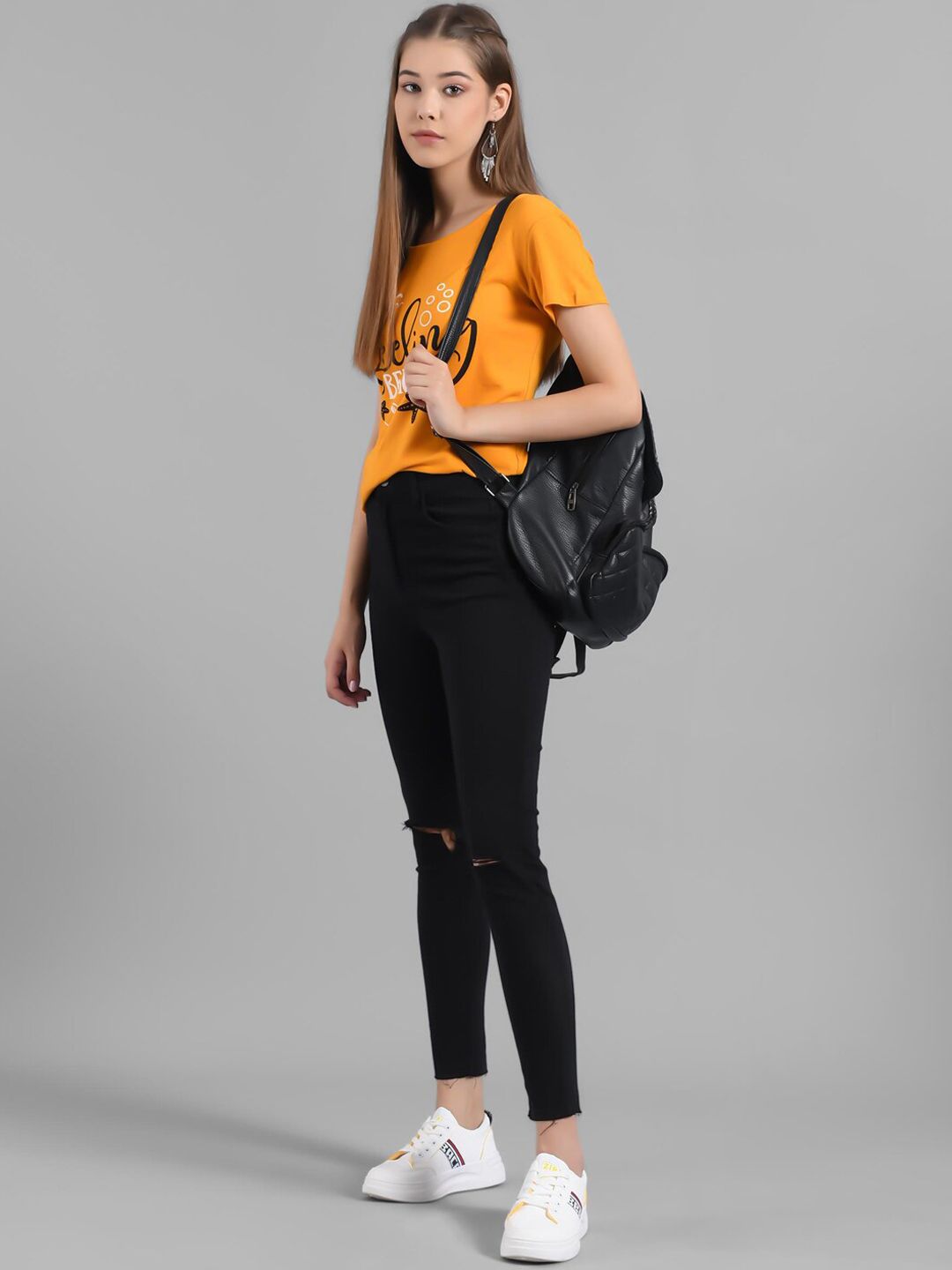 Kotty Women Yellow Printed Round Neck Longline T-shirt