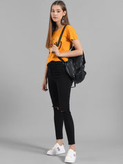 Kotty Women Yellow Printed Round Neck Longline T-shirt