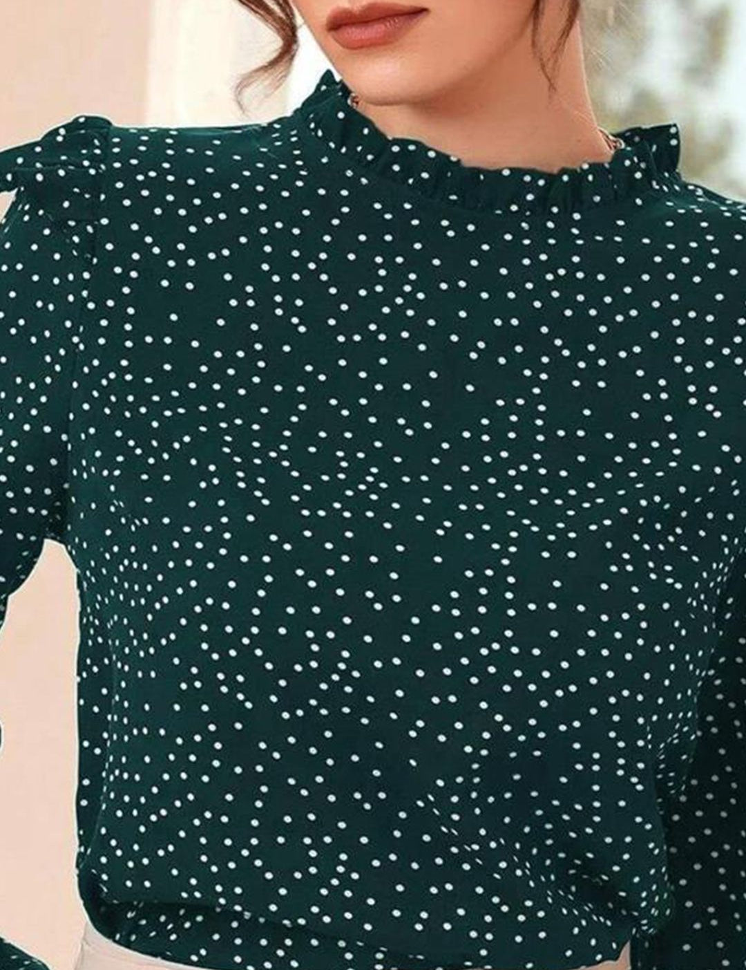 Kotty Polka Dot Print Puff Sleeve Ruffles Crepe Top