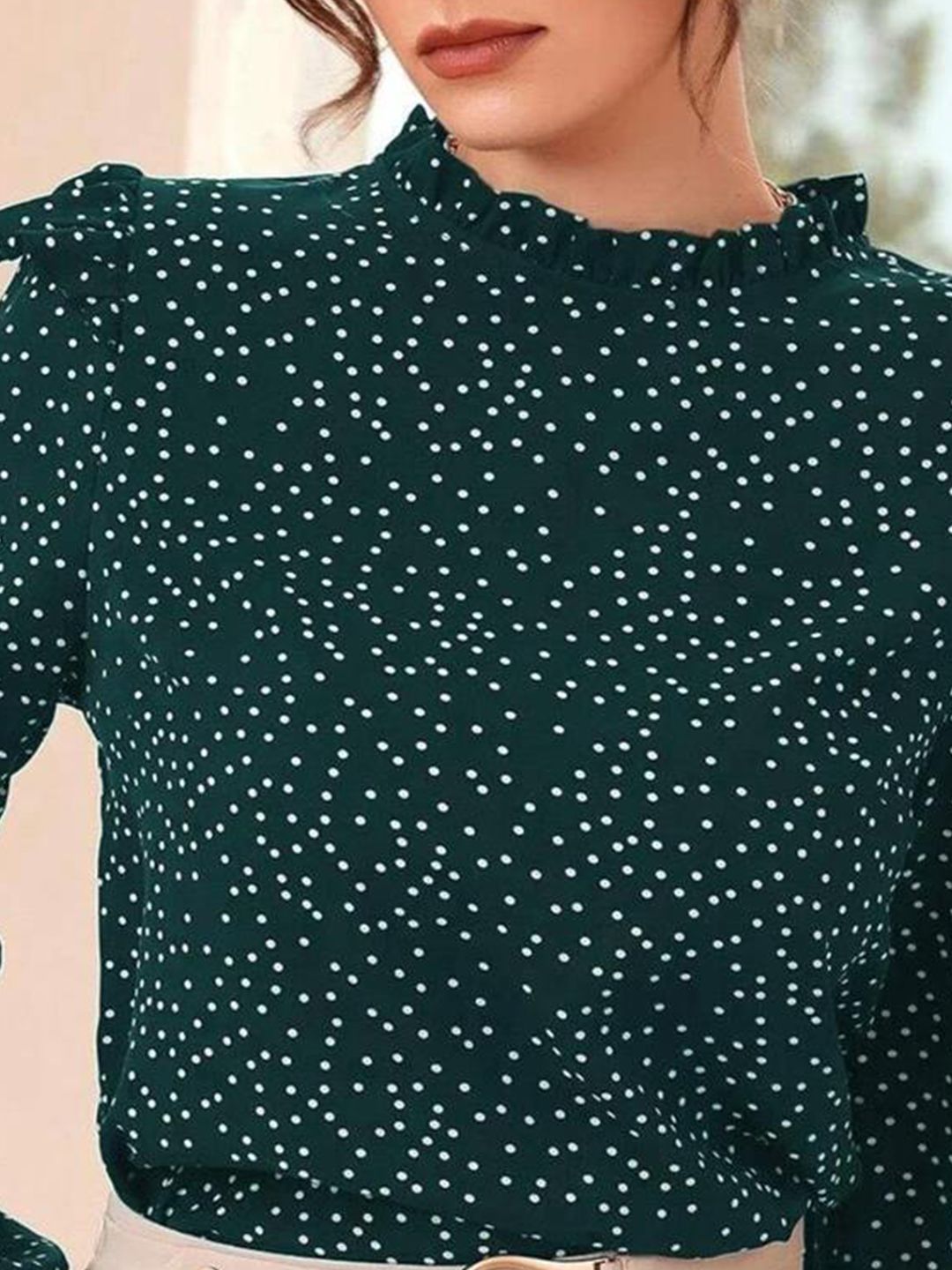 Kotty Polka Dot Print Puff Sleeve Ruffles Crepe Top
