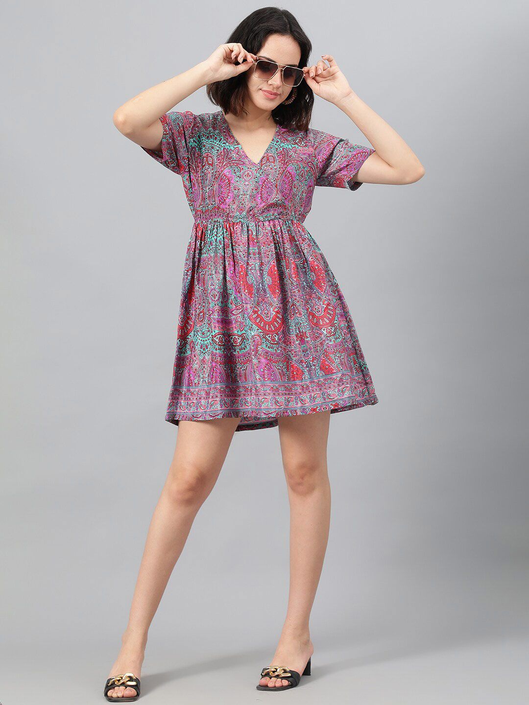 Kotty Magenta Ethnic Motif Printed Fit & Flare Mini Dress