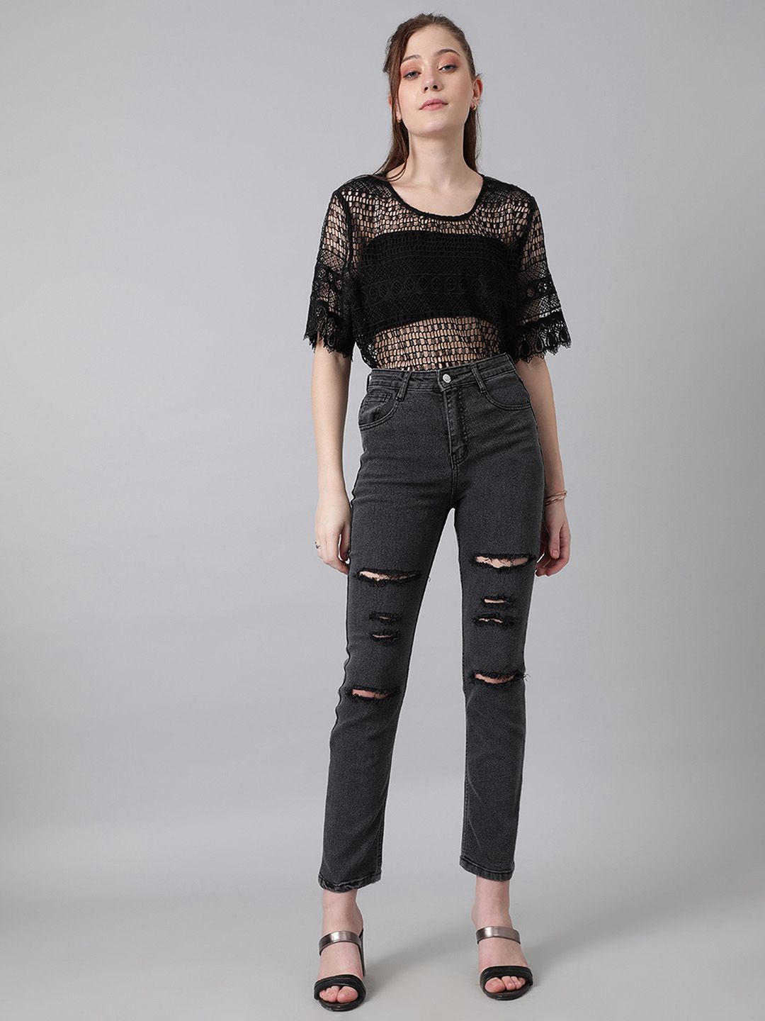 Kotty Women Slim Fit High-Rise Slash Knee Stretchable Jeans