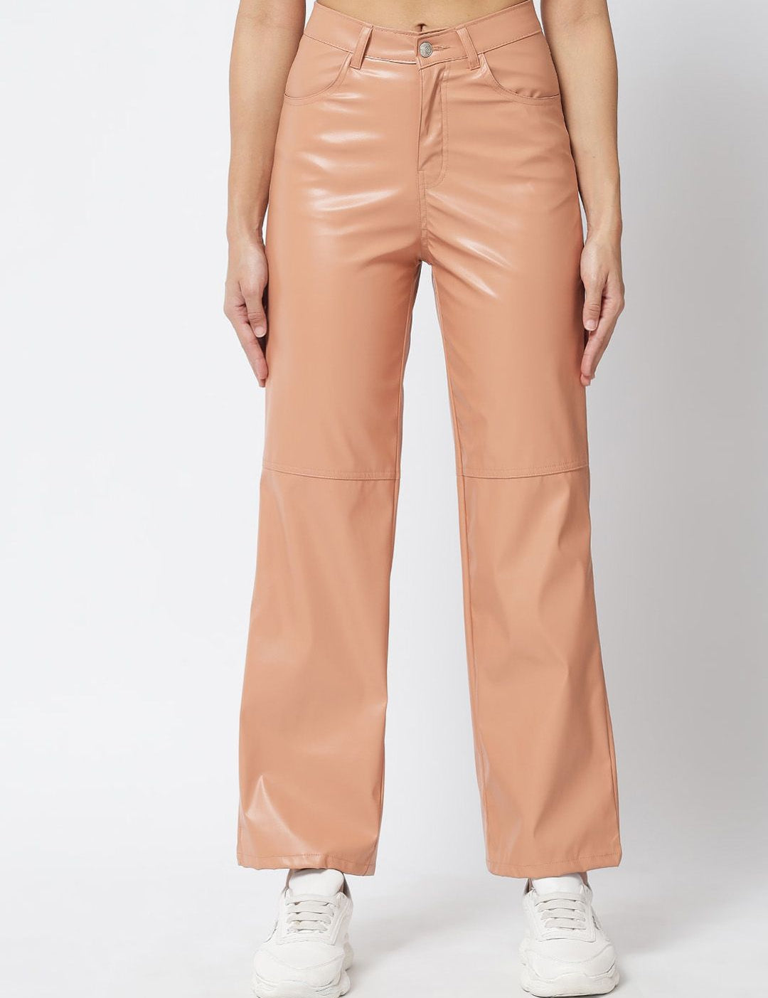 Kotty Women Beige Relaxed Straight Fit PU Leather Parallel Trousers