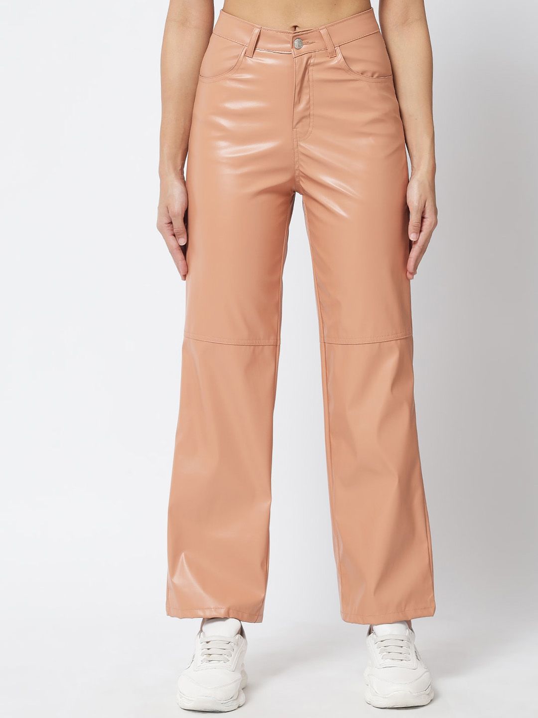 Kotty Women Beige Relaxed Straight Fit PU Leather Parallel Trousers