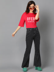 Kotty Red Typography Printed Oversized T-shirt