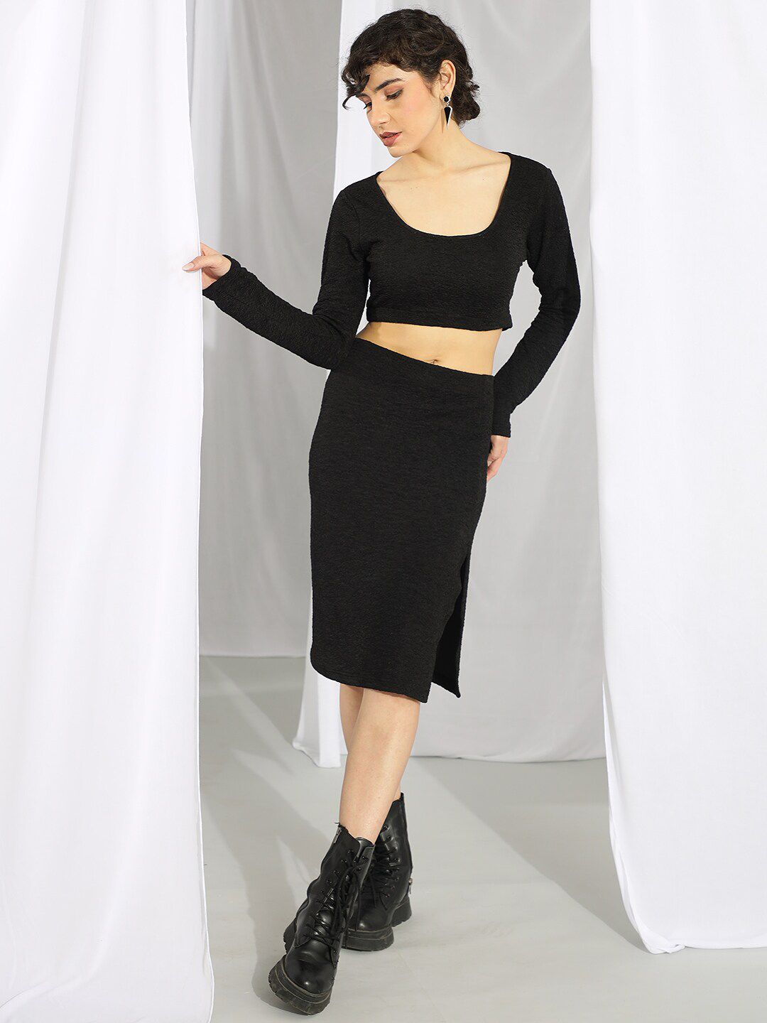 KOTTY Basics Black Scoop Neck Crop Top & Skirt