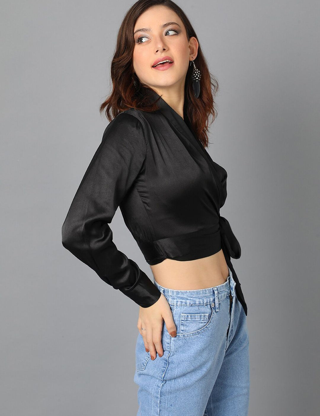 Kotty V-Neck Satin Wrap Crop Top
