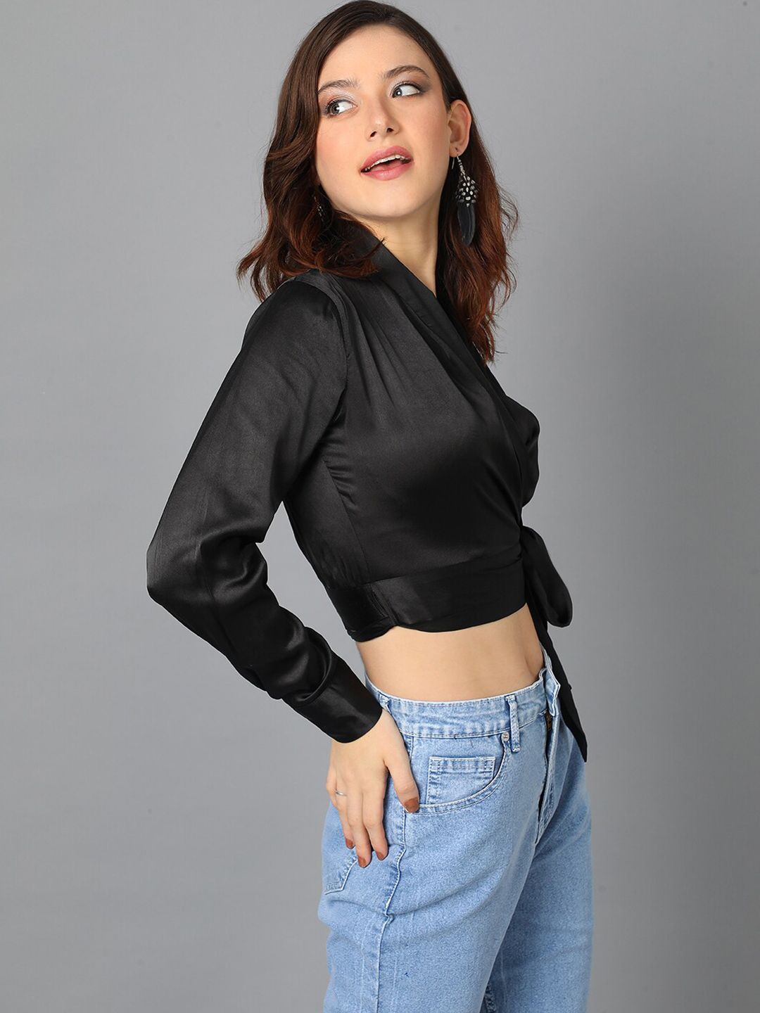 Kotty V-Neck Satin Wrap Crop Top