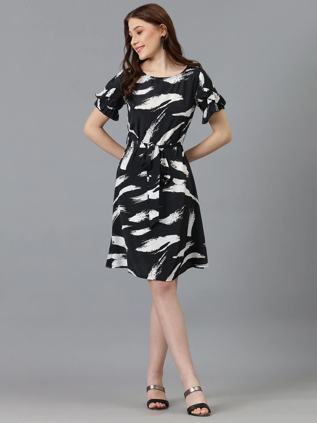 Kotty Black Abstract Printed Satin A-Line Dress
