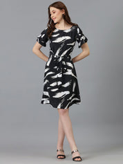 Kotty Black Abstract Printed Satin A-Line Dress